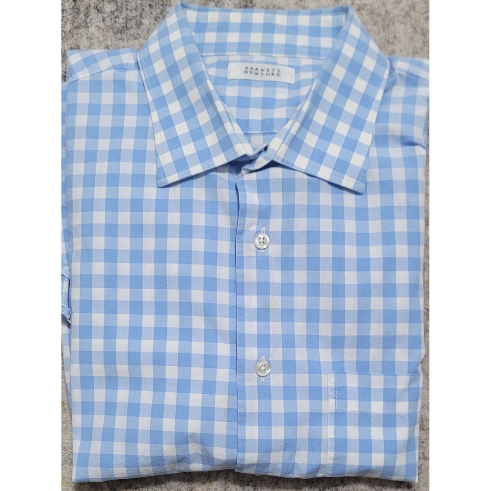 Barneys New York Men's Blue Gingham Check Dress Shirt Size 17 -‎ 34/35